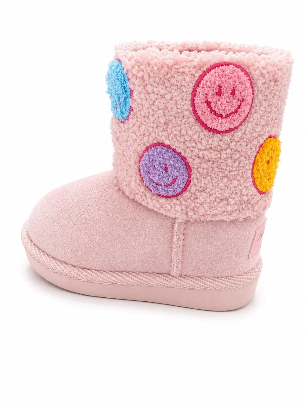 bebe Pink Sherpa Cuff Booties with Multicolor Smiley Patches